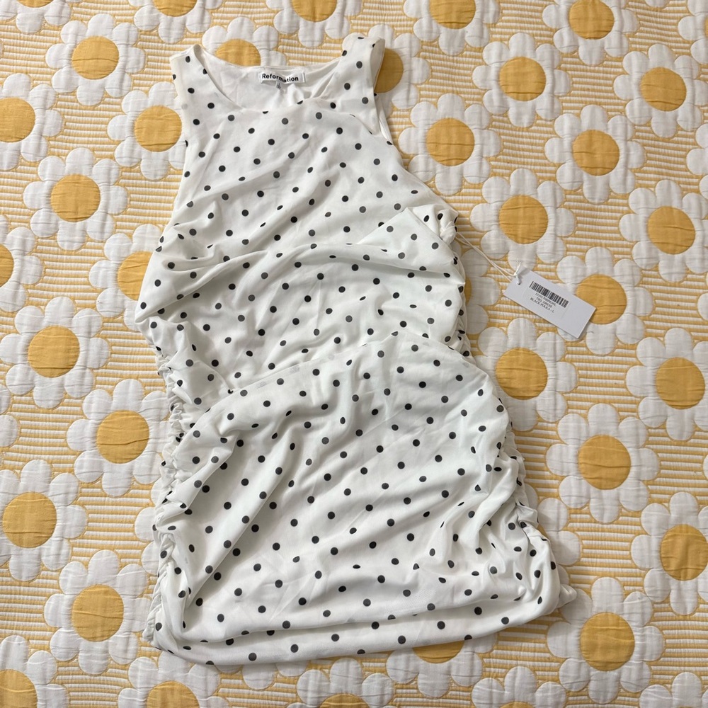 Reformation White Dress with Black Polka Dots